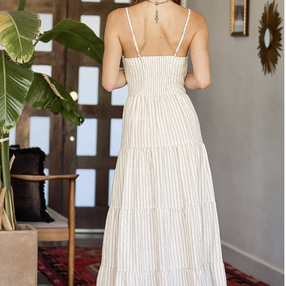NWT Lulus Beauty at the Beach Tan Striped Tiered Tassel Maxi Dress - Picture 5 of 10